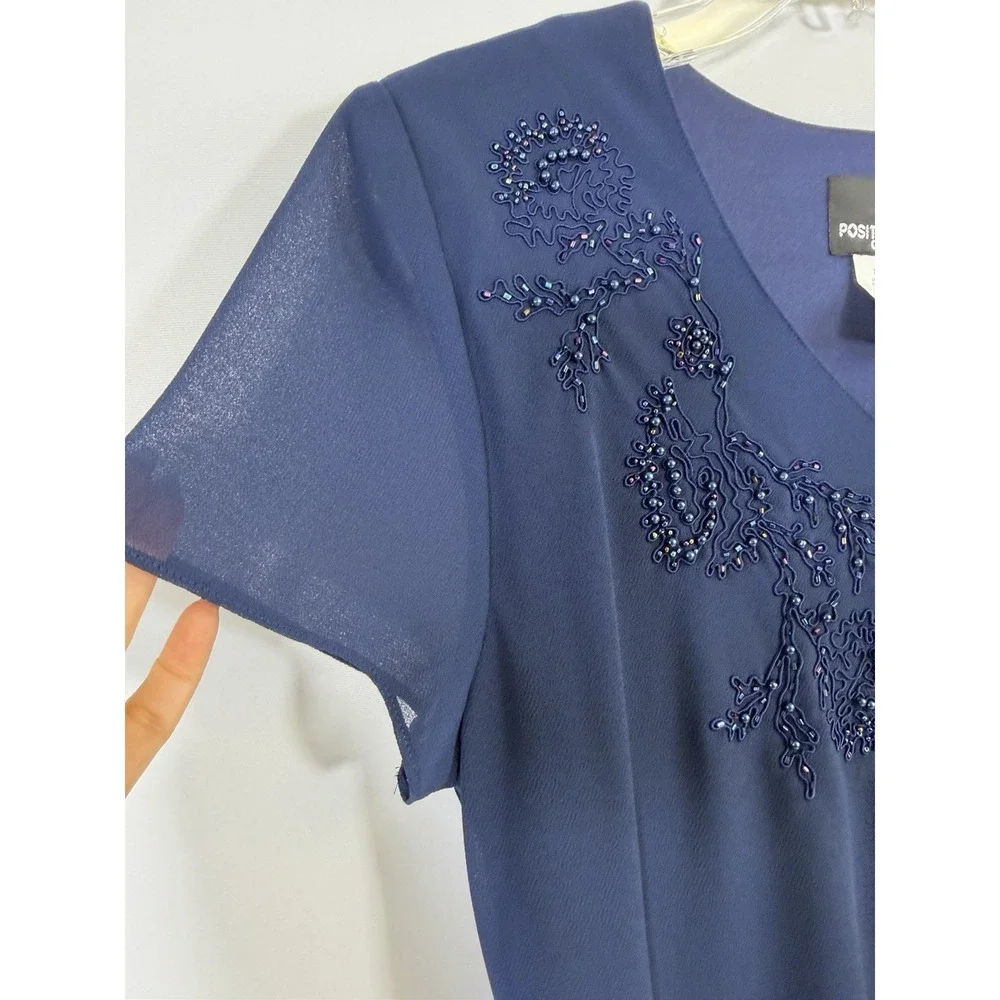 Positive Attitude Royal‎ Blue Beaded Short Sleeve Maxi Dress Size 14 Vtg Formal